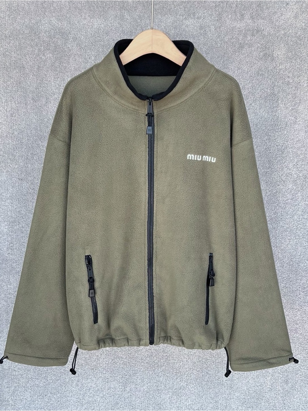 NWOT Miu Miu Olive Green Fleece Zip Jacket, Size M